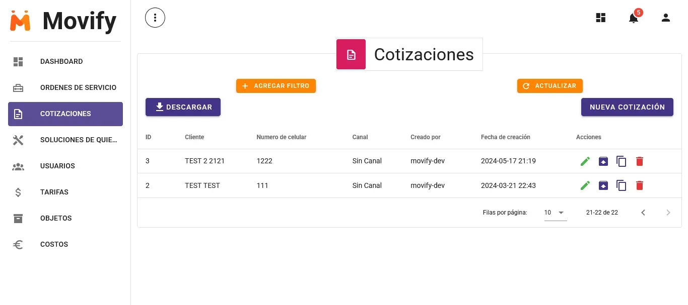 Movify quotations dashboard
