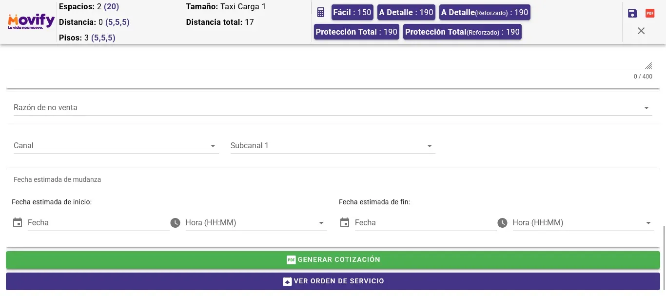 Service options in quotation